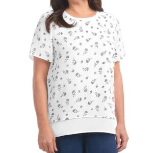 Hilary Radley Short Sleeve Blouse Size XL Black White Floral Double Layer Top